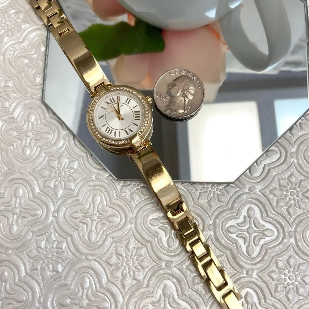 Michael Kors Mini Laney Crystal Accented Bezel Gold-Tone Bangle Watch